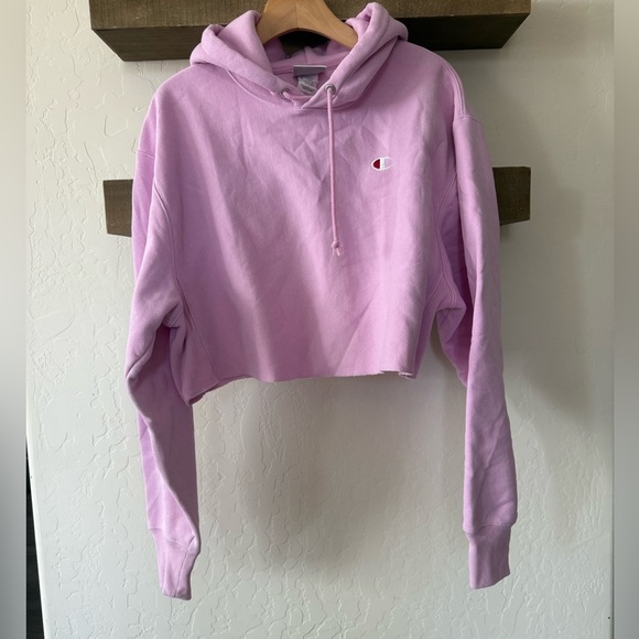 Champion|Light Pink cropped hoodie sweater,small logo•••Size LARGE, athleisure - Picture 6 of 13